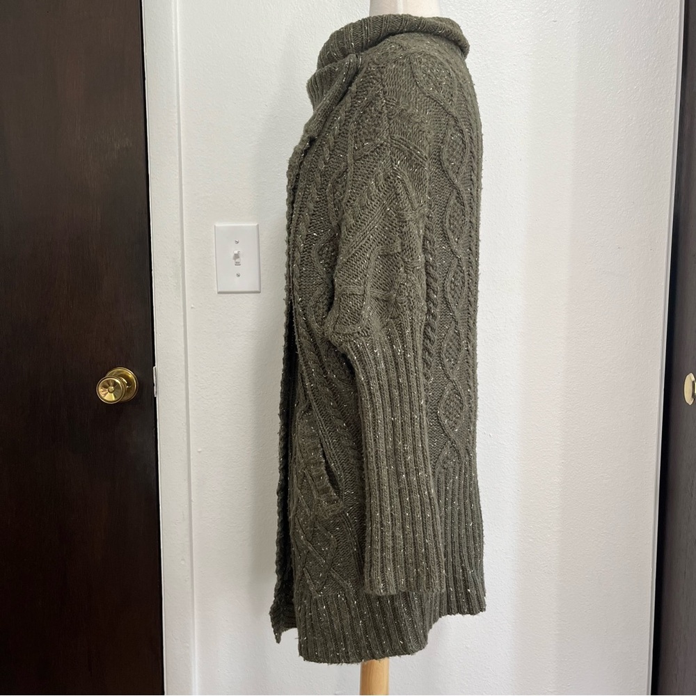 Prana Sweater Small Chunky Turtleneck Cable Knit Olive Green Cardigan Lagenlook - Picture 3 of 7